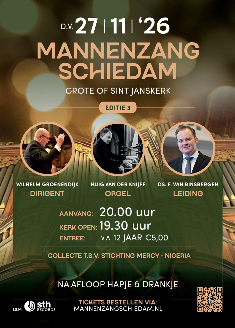 Flyer Mannenzang Schiedam - D.V. 27 november 2026, Grote of Sint Janskerk